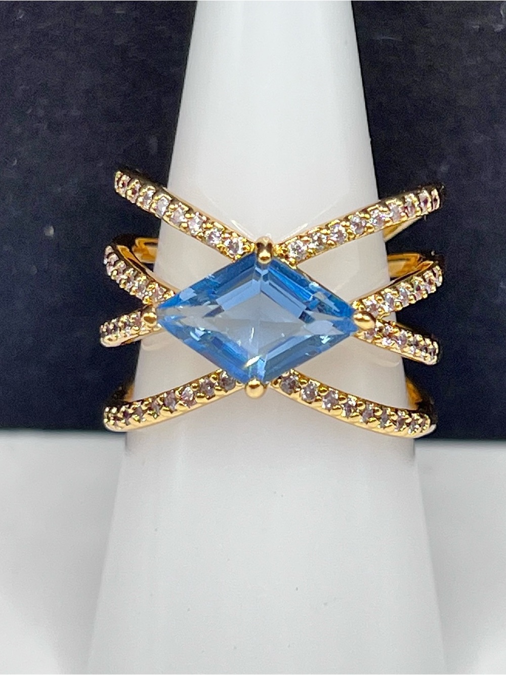 Blue Crystal Marquise-Cut Gold Tone Statement Ring